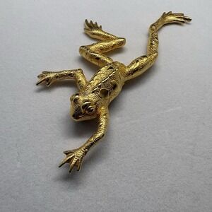 Vintage Gold Tone Frog Statement Brooch Signed JJ
